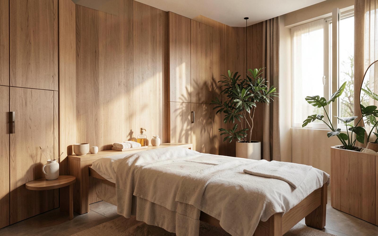 Intérieur clair d’un institut de beauté avec table de soin